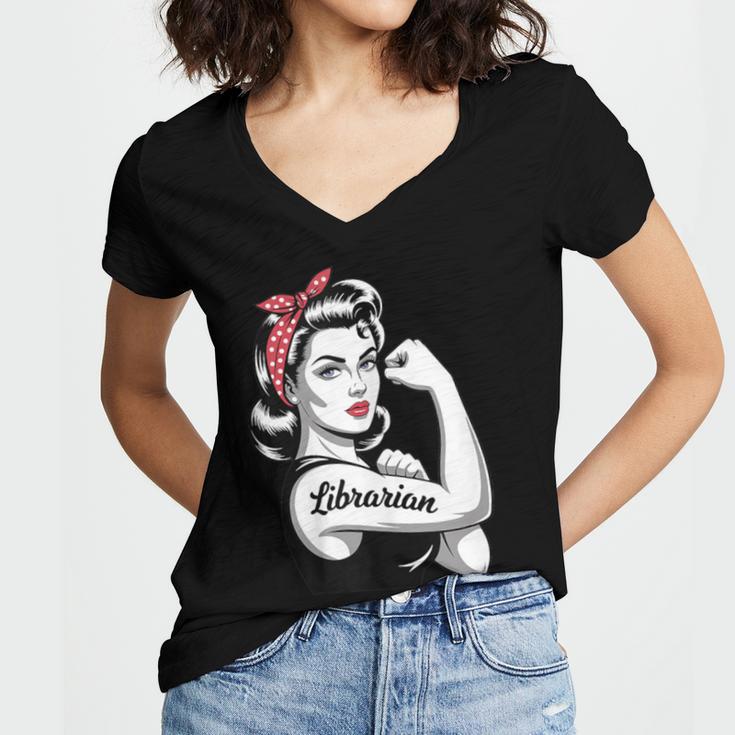Female Librarian Rosie Riveter Book Guardian Woman Women's Jersey Short Sleeve Deep V-Neck Tshirt