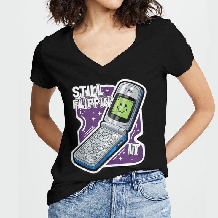 Still Flippin' It Retro Flip Phone 90s Y2K Nostalgia Women's Jersey Short Sleeve Deep V-Neck Tshirt Still Flippin' It Retro Flip Phone 90s Y2K Nostalgia Women's Jersey Short Sleeve Deep V-Neck Tshirt