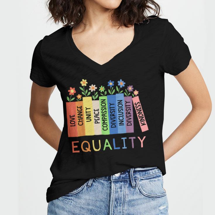 Floral Book Equality Human Rights Social Justice Peace Love Women's Jersey Short Sleeve Deep V-Neck Tshirt