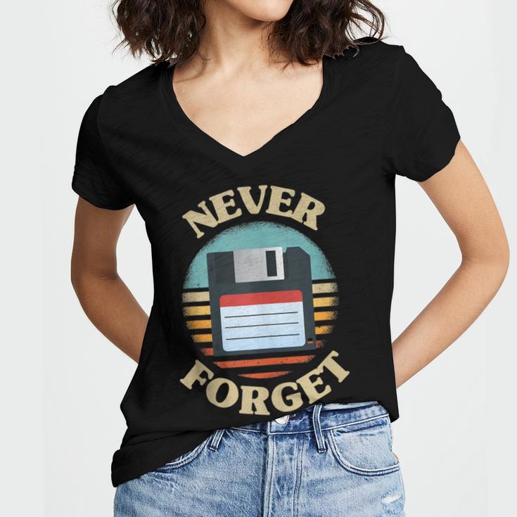 Never Forget Retro Diskette Nostalgia Vintage Women's Jersey Short Sleeve Deep V-Neck Tshirt