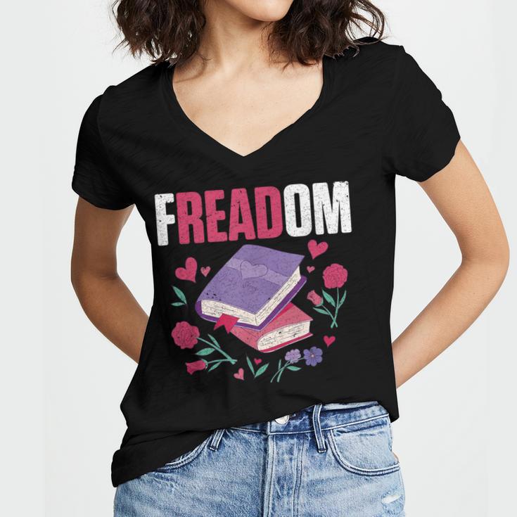 Freadom Anti Ban Books Freedom To Read Book Reading Women's Jersey Short Sleeve Deep V-Neck Tshirt