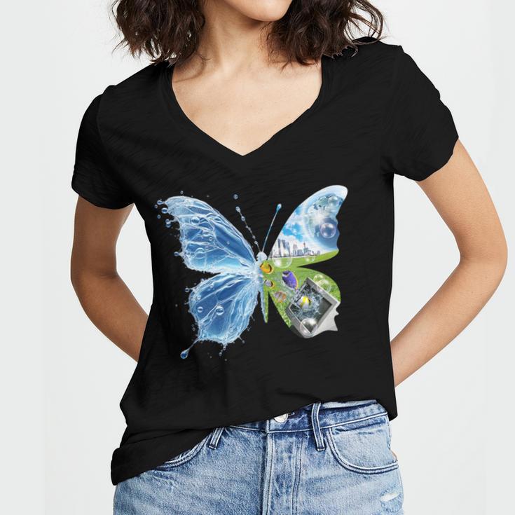 Frutiger Aero Aesthetic Butterfly Computer Fishes Scenery Women's Jersey Short Sleeve Deep V-Neck Tshirt Frutiger Aero Aesthetic Butterfly Computer Fishes Scenery Women's Jersey Short Sleeve Deep V-Neck Tshirt
