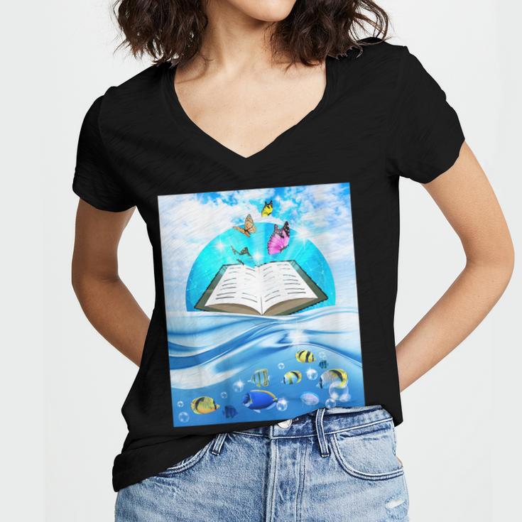 Frutiger Aero Aesthetic Tech Book Butterfly Women's Jersey Short Sleeve Deep V-Neck Tshirt