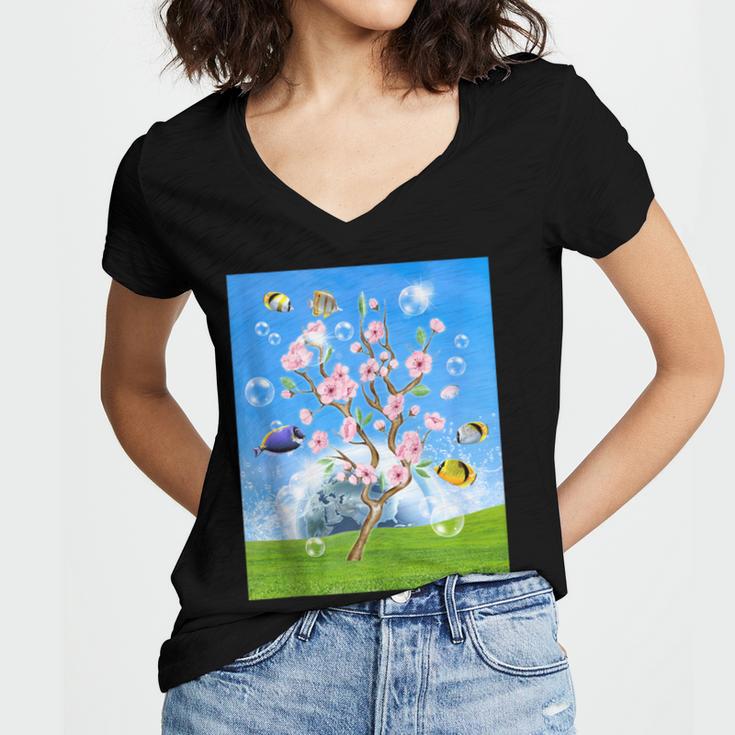 Frutiger Aero Aesthetic Tech Cherry Blossom Fishes Bubbles Women's Jersey Short Sleeve Deep V-Neck Tshirt Frutiger Aero Aesthetic Tech Cherry Blossom Fishes Bubbles Women's Jersey Short Sleeve Deep V-Neck Tshirt