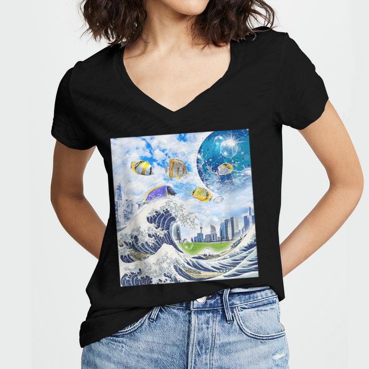 Frutiger Aero Aesthetic Tech Great Wave Of Kanagawa Fishes Women's Jersey Short Sleeve Deep V-Neck Tshirt Frutiger Aero Aesthetic Tech Great Wave Of Kanagawa Fishes Women's Jersey Short Sleeve Deep V-Neck Tshirt