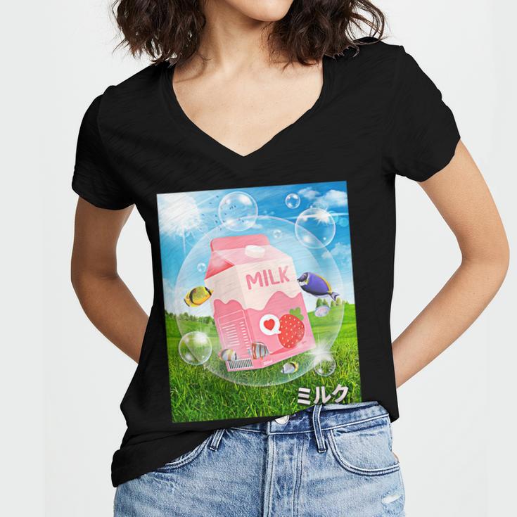 Frutiger Aero Aesthetic Tech Kawaii Strawberry Milk Fishes Women's Jersey Short Sleeve Deep V-Neck Tshirt Frutiger Aero Aesthetic Tech Kawaii Strawberry Milk Fishes Women's Jersey Short Sleeve Deep V-Neck Tshirt