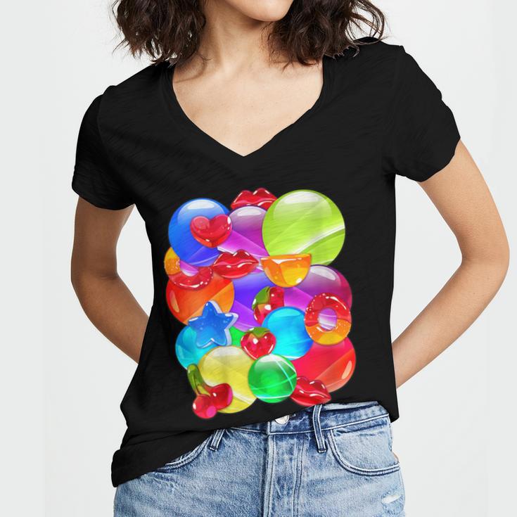 Frutiger Aero Aesthetic Tech Orb Pattern Heart Cherry Lips Women's Jersey Short Sleeve Deep V-Neck Tshirt