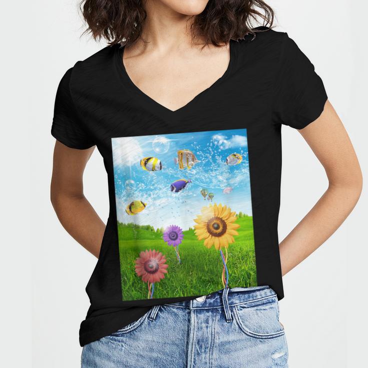 Frutiger Aero Aesthetic Tech Scenery Fishes Sunflower Women's Jersey Short Sleeve Deep V-Neck Tshirt Frutiger Aero Aesthetic Tech Scenery Fishes Sunflower Women's Jersey Short Sleeve Deep V-Neck Tshirt