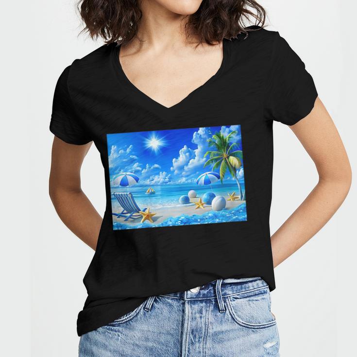 Frutiger Aero Beach Y2k Aesthetic Palm Tree Sand Ocean Women's Jersey Short Sleeve Deep V-Neck Tshirt