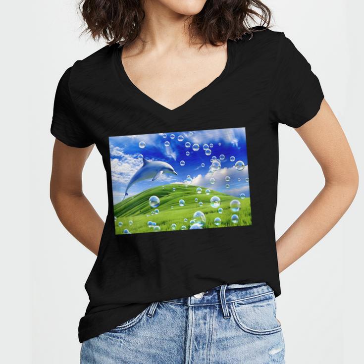 Frutiger Aero Dolphin Meadow Aesthetic Y2k 2000s Ironic Women's Jersey Short Sleeve Deep V-Neck Tshirt Frutiger Aero Dolphin Meadow Aesthetic Y2k 2000s Ironic Women's Jersey Short Sleeve Deep V-Neck Tshirt