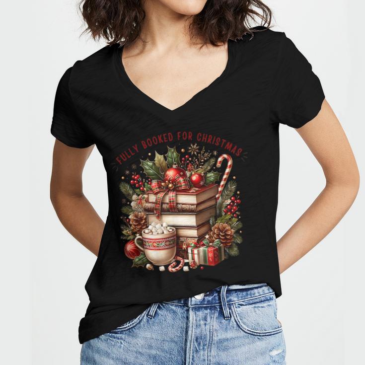 Fully Booked For Christmas Cozy Holiday Books Winter Reading Women's Jersey Short Sleeve Deep V-Neck Tshirt