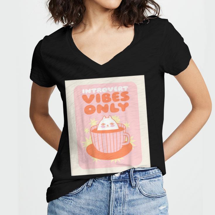 Fun Cool Cute Introvert Cat Character Quote Tea Cup For Men Women Women's Jersey Short Sleeve Deep V-Neck Tshirt Fun Cool Cute Introvert Cat Character Quote Tea Cup For Men Women Women's Jersey Short Sleeve Deep V-Neck Tshirt