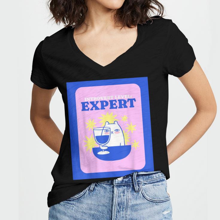 Fun Cute Introvert Cat Character With Wine Women's Jersey Short Sleeve Deep V-Neck Tshirt Fun Cute Introvert Cat Character With Wine Women's Jersey Short Sleeve Deep V-Neck Tshirt