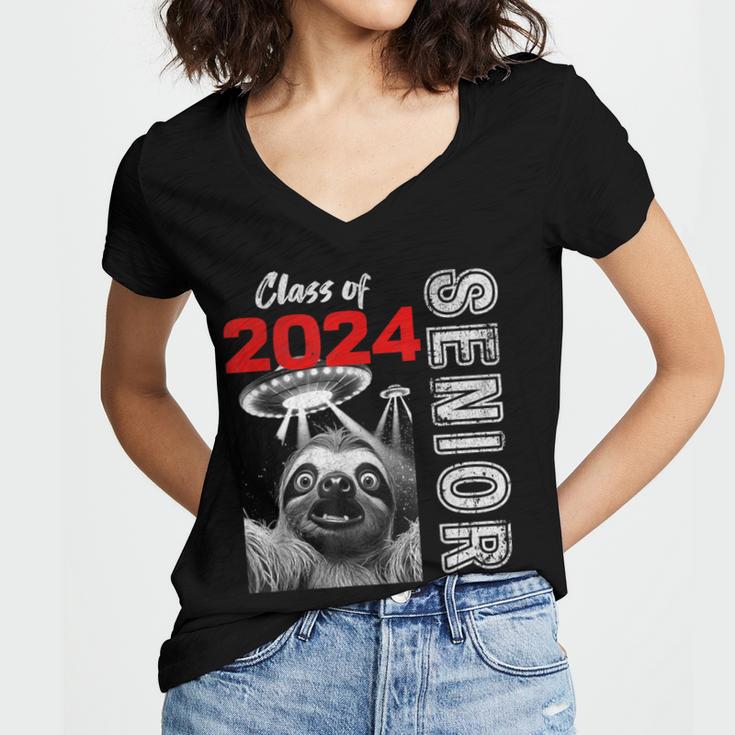 Fun Trendy UFO Sloth Graduation Class Of 2024 Senior Women's Jersey Short Sleeve Deep V-Neck Tshirt