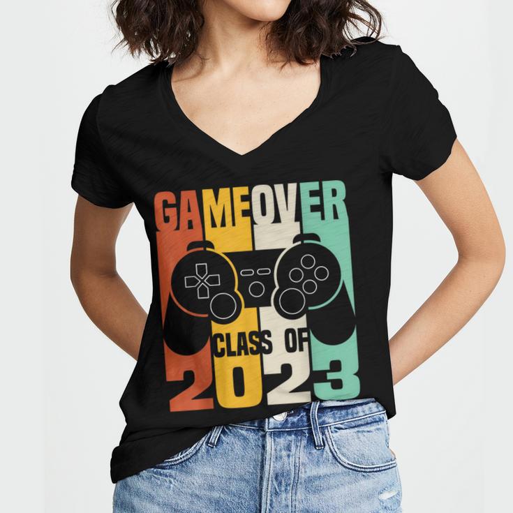 GAME OVER Class Of 2023 Video Games Vintage Graduation Gamer Women's Jersey Short Sleeve Deep V-Neck Tshirt