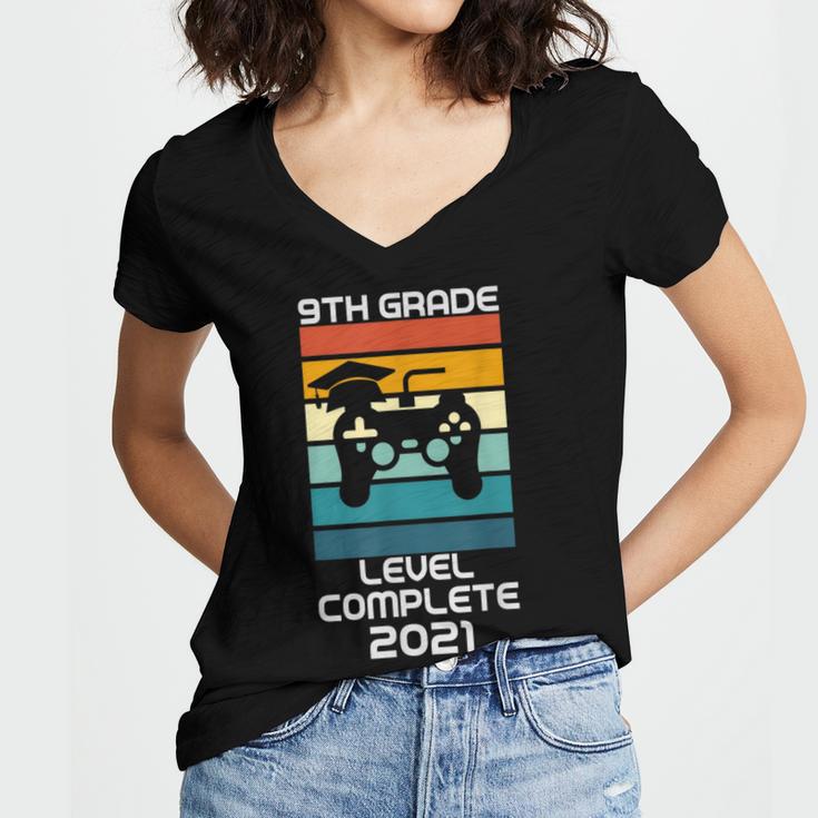 Gamer Graduation 2021 Retro 9th Grade Level Complete Women's Jersey Short Sleeve Deep V-Neck Tshirt
