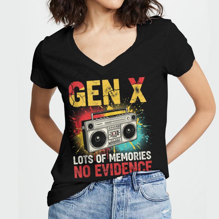 Gen X Lots Of Memories No Evidence Retro Nostalgia Humor Women's Jersey Short Sleeve Deep V-Neck Tshirt