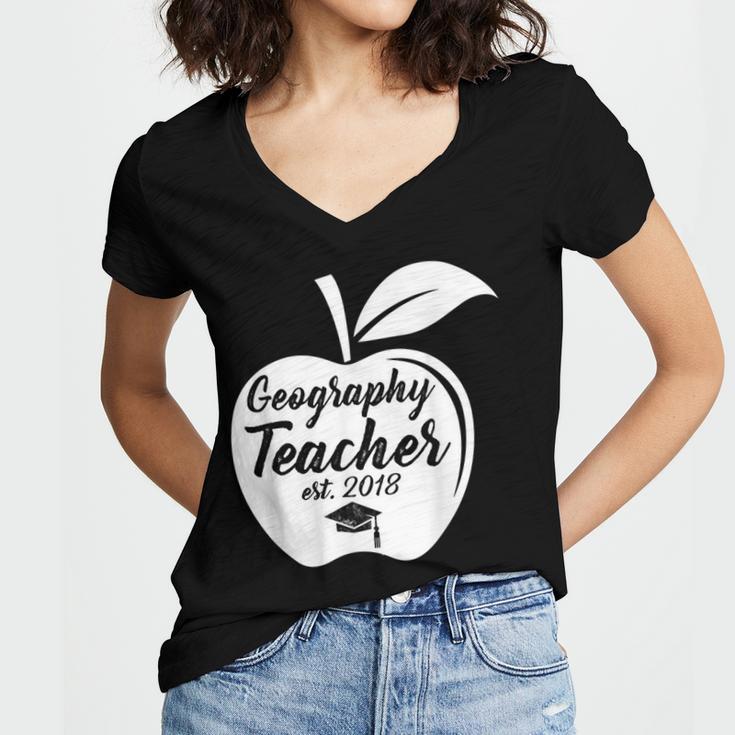 Geography Teacher Est 2018 School GraduationShirt Women's Jersey Short Sleeve Deep V-Neck Tshirt