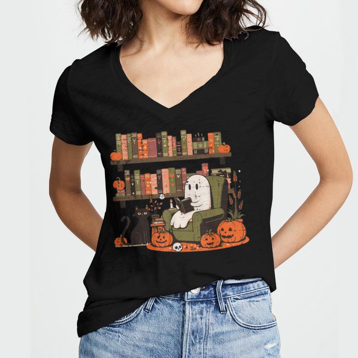 Ghost Library Reading Books Halloween Men Women Kids Women's Jersey Short Sleeve Deep V-Neck Tshirt Ghost Library Reading Books Halloween Men Women Kids Women's Jersey Short Sleeve Deep V-Neck Tshirt