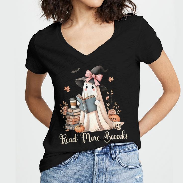 Ghost Reading Book Coquette Bow Halloween Girl Kid Teacher Women's Jersey Short Sleeve Deep V-Neck Tshirt