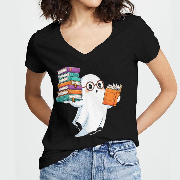 Ghost Reading Books Halloween Library Women's Jersey Short Sleeve Deep V-Neck Tshirt