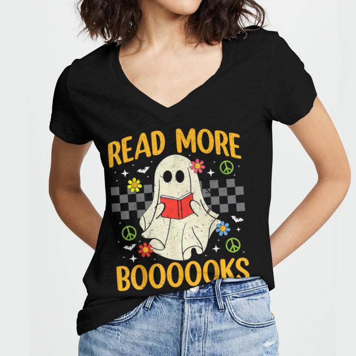 Ghost Reading Books Teacher Student Halloween Read More Book Women's Jersey Short Sleeve Deep V-Neck Tshirt
