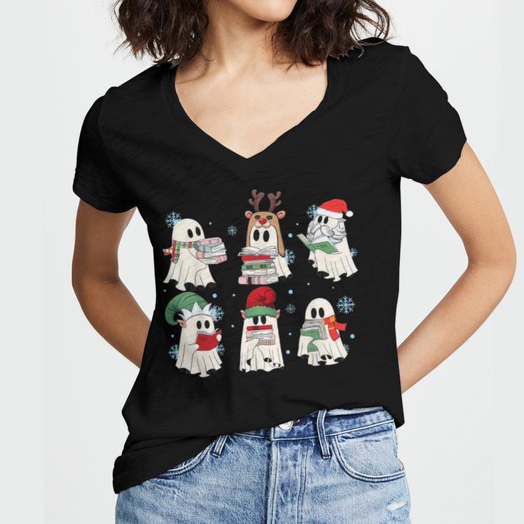Ghost Santa Elf Squad Read Books Bookish Librarian Christmas Women's Jersey Short Sleeve Deep V-Neck Tshirt
