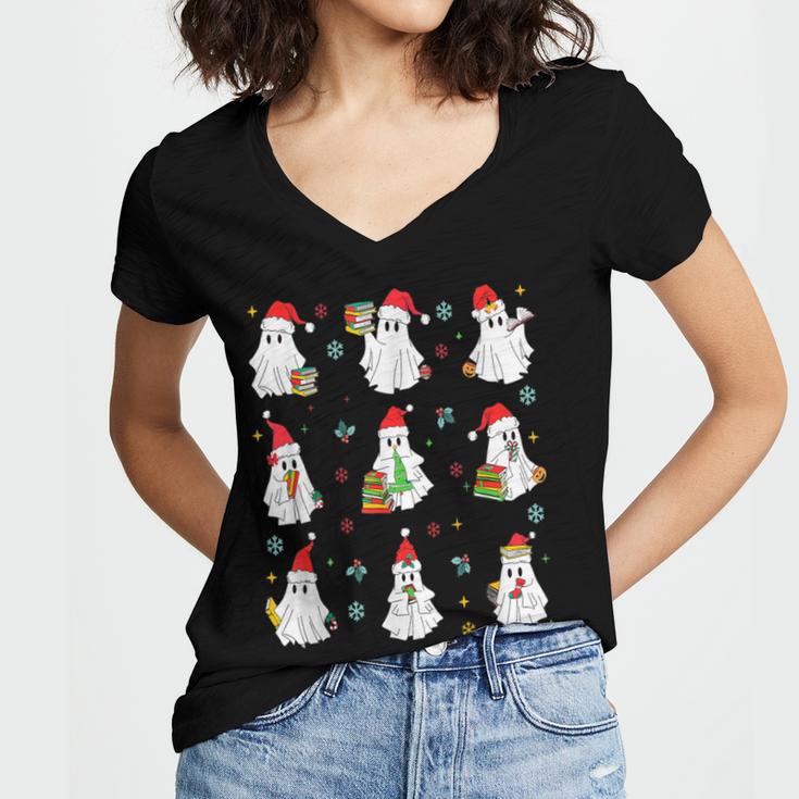 Ghosts Wearing Santa Hats Reading Books Christmas Book Lover Women's Jersey Short Sleeve Deep V-Neck Tshirt