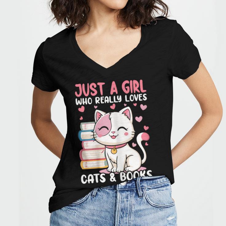 Girl Who Loves Cats And Books Cute Women's Jersey Short Sleeve Deep V-Neck Tshirt Girl Who Loves Cats And Books Cute Women's Jersey Short Sleeve Deep V-Neck Tshirt