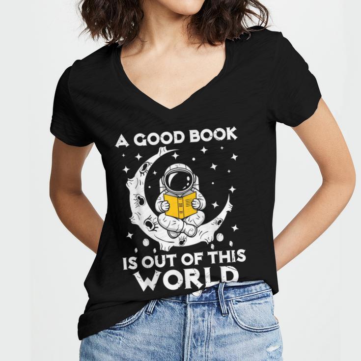 Good Book Is Out Of This World Astronaut Moon Space Reading Women's Jersey Short Sleeve Deep V-Neck Tshirt