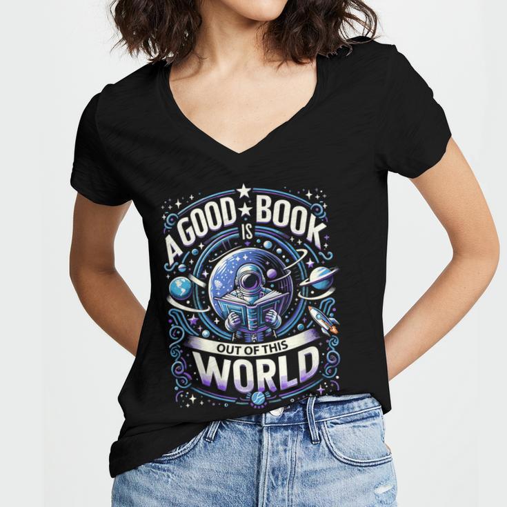A Good Book Is Out Of This World Shirt Astronaut Reading Women's Jersey Short Sleeve Deep V-Neck Tshirt
