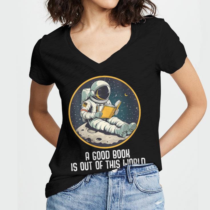 Good Book Is Out Of This World Space Reading Lover Women's Jersey Short Sleeve Deep V-Neck Tshirt Good Book Is Out Of This World Space Reading Lover Women's Jersey Short Sleeve Deep V-Neck Tshirt