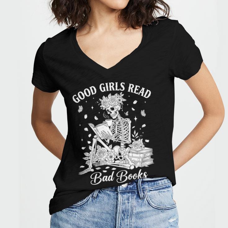 Good Girls Read Bad Books Skeleton Reading Book Halloween Women's Jersey Short Sleeve Deep V-Neck Tshirt
