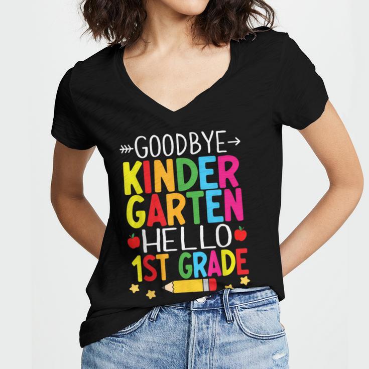 Goodbye Kinder Garten Hello 1st Grade Graduation 2024 Women's Jersey Short Sleeve Deep V-Neck Tshirt