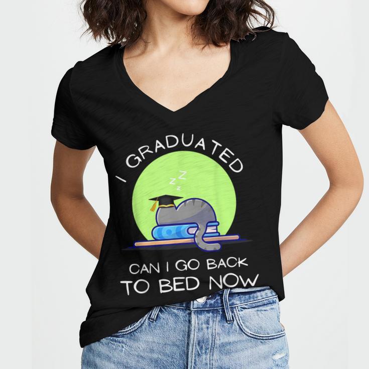 I Graduated Can I Go Back To Bed Now Cat Graduation For Men Women Girls Kids Women's Jersey Short Sleeve Deep V-Neck Tshirt
