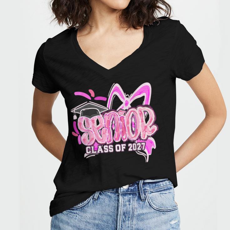 Graduation 2027 Senior 2027 Class Of 2027 Coquette Pink Girl Women's Jersey Short Sleeve Deep V-Neck Tshirt