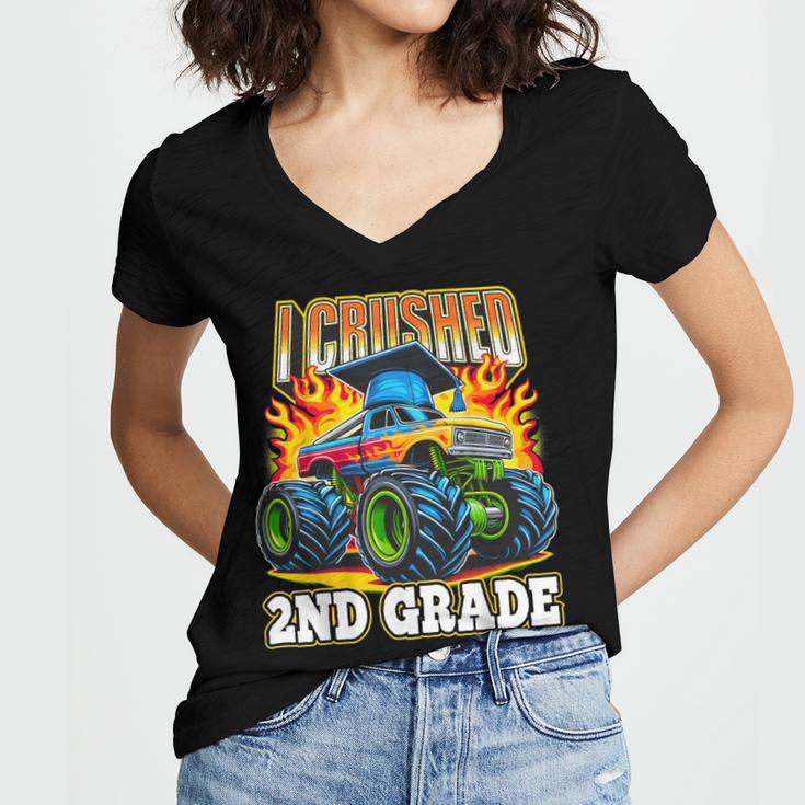 Graduation 2nd Grade Monster Truck Boys I Crushed Grad Women's Jersey Short Sleeve Deep V-Neck Tshirt