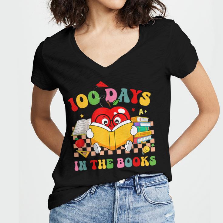 Groovy 100 Days In The Books Reading 100th Day Of School Women's Jersey Short Sleeve Deep V-Neck Tshirt Groovy 100 Days In The Books Reading 100th Day Of School Women's Jersey Short Sleeve Deep V-Neck Tshirt