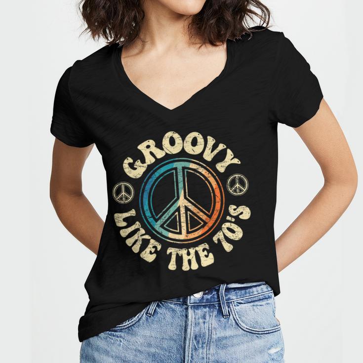Groovy Like The 70s Peace Aesthetic Nostalgia 1970's Retro Women's Jersey Short Sleeve Deep V-Neck Tshirt