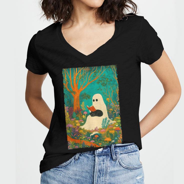 Groovy Ghost Reading Book Cat Halloween Ghost Teacher Women's Jersey Short Sleeve Deep V-Neck Tshirt Groovy Ghost Reading Book Cat Halloween Ghost Teacher Women's Jersey Short Sleeve Deep V-Neck Tshirt