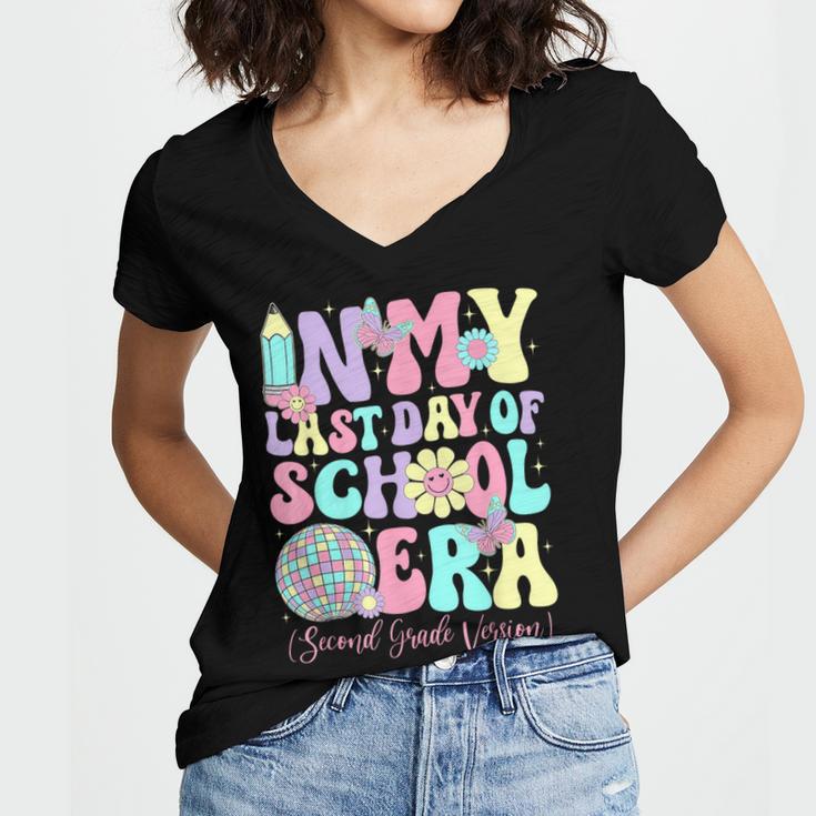 Groovy In My Last Day Of School Era Second Grade Graduation Women's Jersey Short Sleeve Deep V-Neck Tshirt