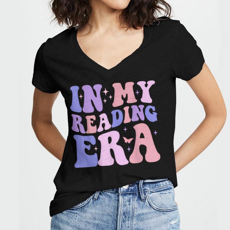 Groovy In My Reading Era Book Lovers Book Reader Women's Jersey Short Sleeve Deep V-Neck Tshirt