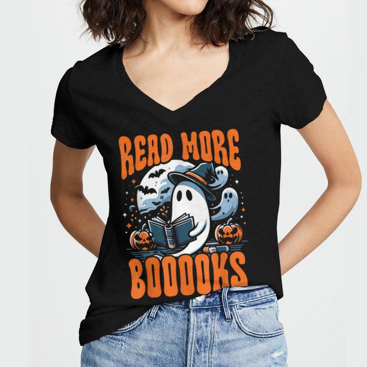 Halloween Book Lover Ghost Boo Pun Read More Boooks Women's Jersey Short Sleeve Deep V-Neck Tshirt Halloween Book Lover Ghost Boo Pun Read More Boooks Women's Jersey Short Sleeve Deep V-Neck Tshirt