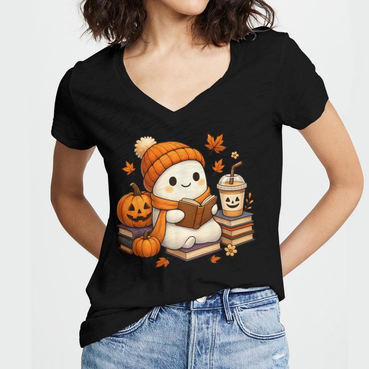 Halloween Ghost Reading Book Lovers Coffee Girl Women Women's Jersey Short Sleeve Deep V-Neck Tshirt