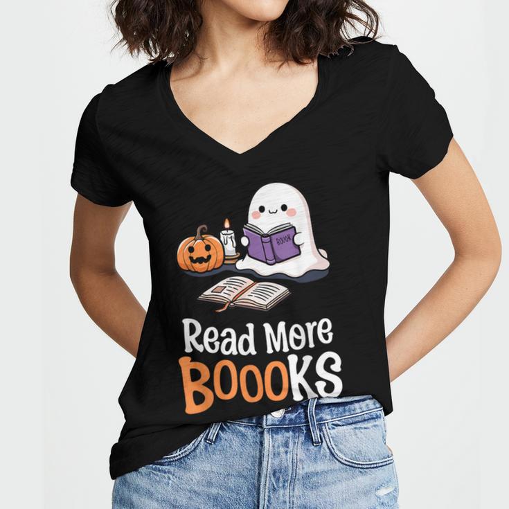 Halloween Teacher Women Cute Reading Ghost Read More Books Women's Jersey Short Sleeve Deep V-Neck Tshirt