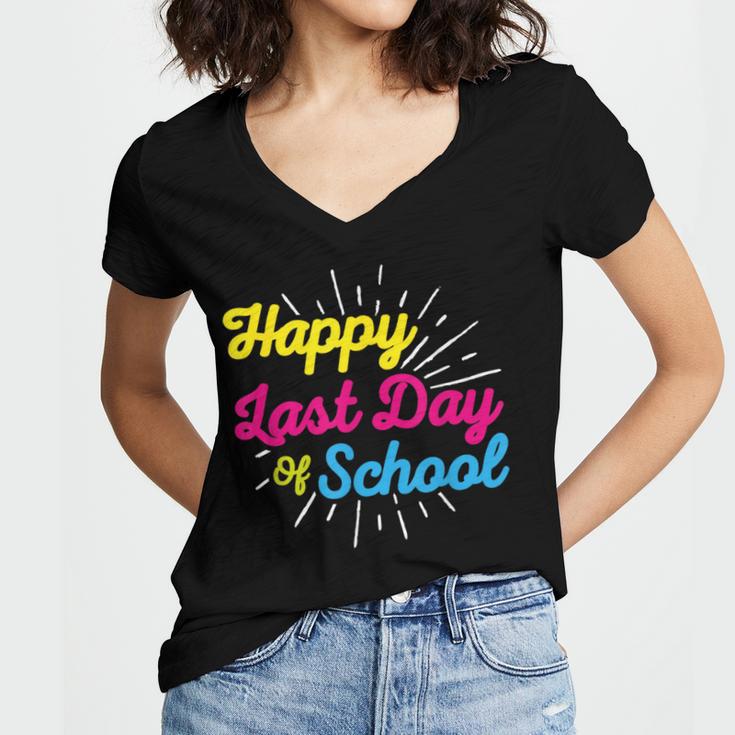 Happy Last Day Of School Graduation Teacher Students Women's Jersey Short Sleeve Deep V-Neck Tshirt