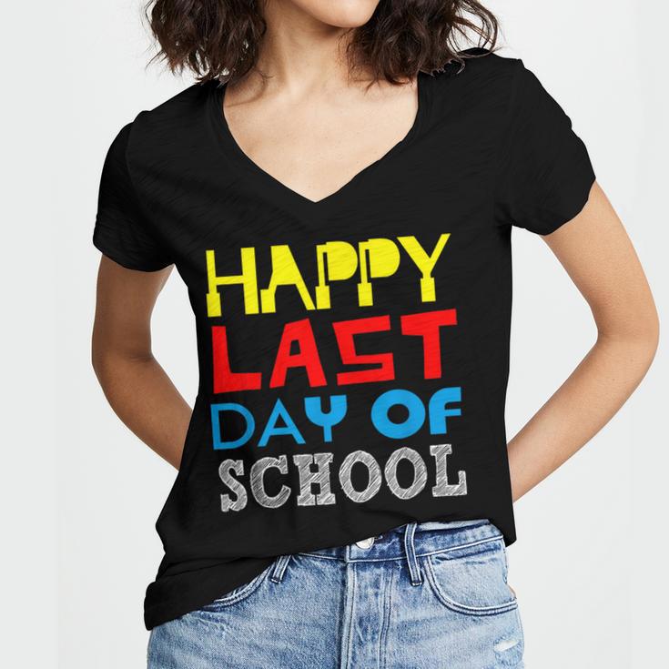 Happy Last Day Of School Graduation Teachers Student Women's Jersey Short Sleeve Deep V-Neck Tshirt