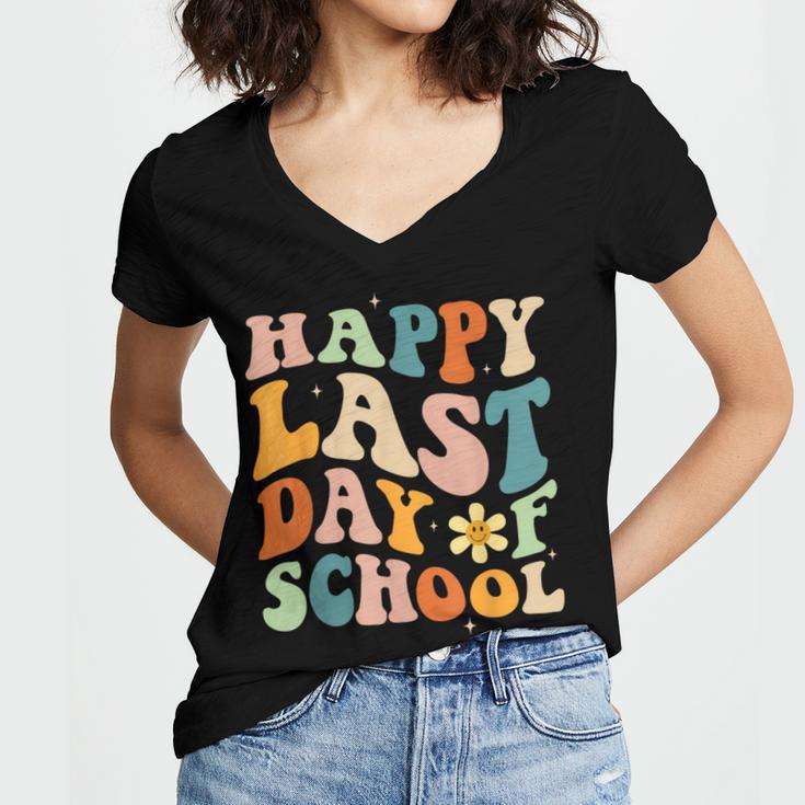 Happy Last Day Of School Groovy Teacher Student Graduation Women's Jersey Short Sleeve Deep V-Neck Tshirt