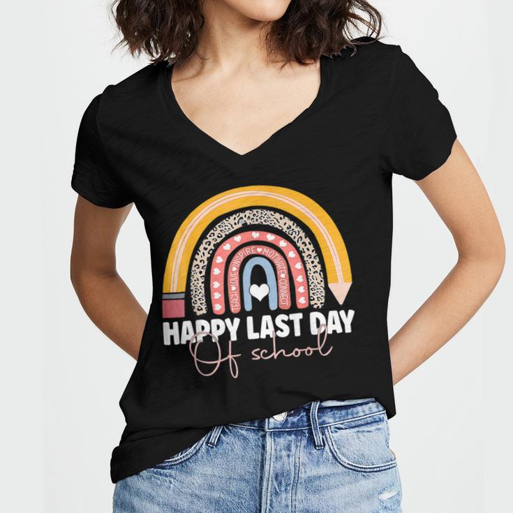 HAPPY LAST OF DAY SCHOOL Rainbow Teacher Student Graduation Women's Jersey Short Sleeve Deep V-Neck Tshirt