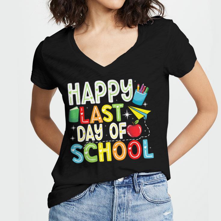 Happy Last Day Of School Teacher Kids Boys Girls Graduation Women's Jersey Short Sleeve Deep V-Neck Tshirt